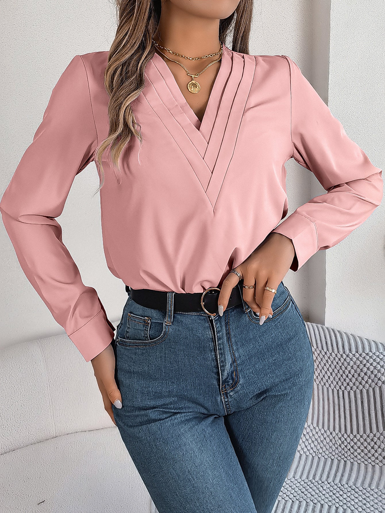 Fashion V-Neck Long Sleeve Shirt Elegant Commuter Solid Blouse Office Women's Clothing