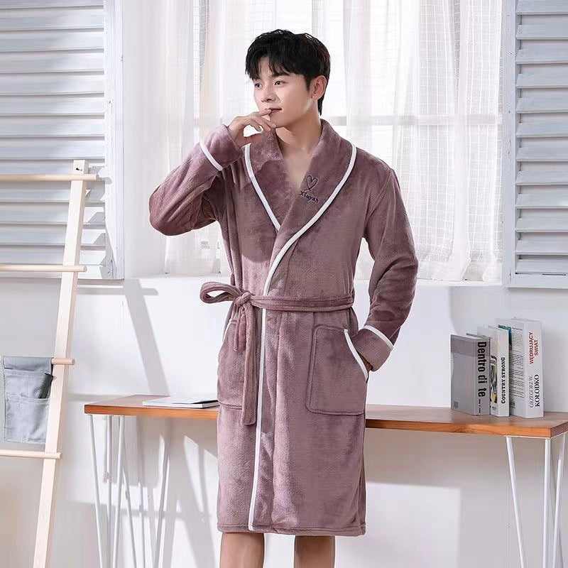 Autumn And Winter Flannel Oversize Men's Plush Lengthened Bathrobe