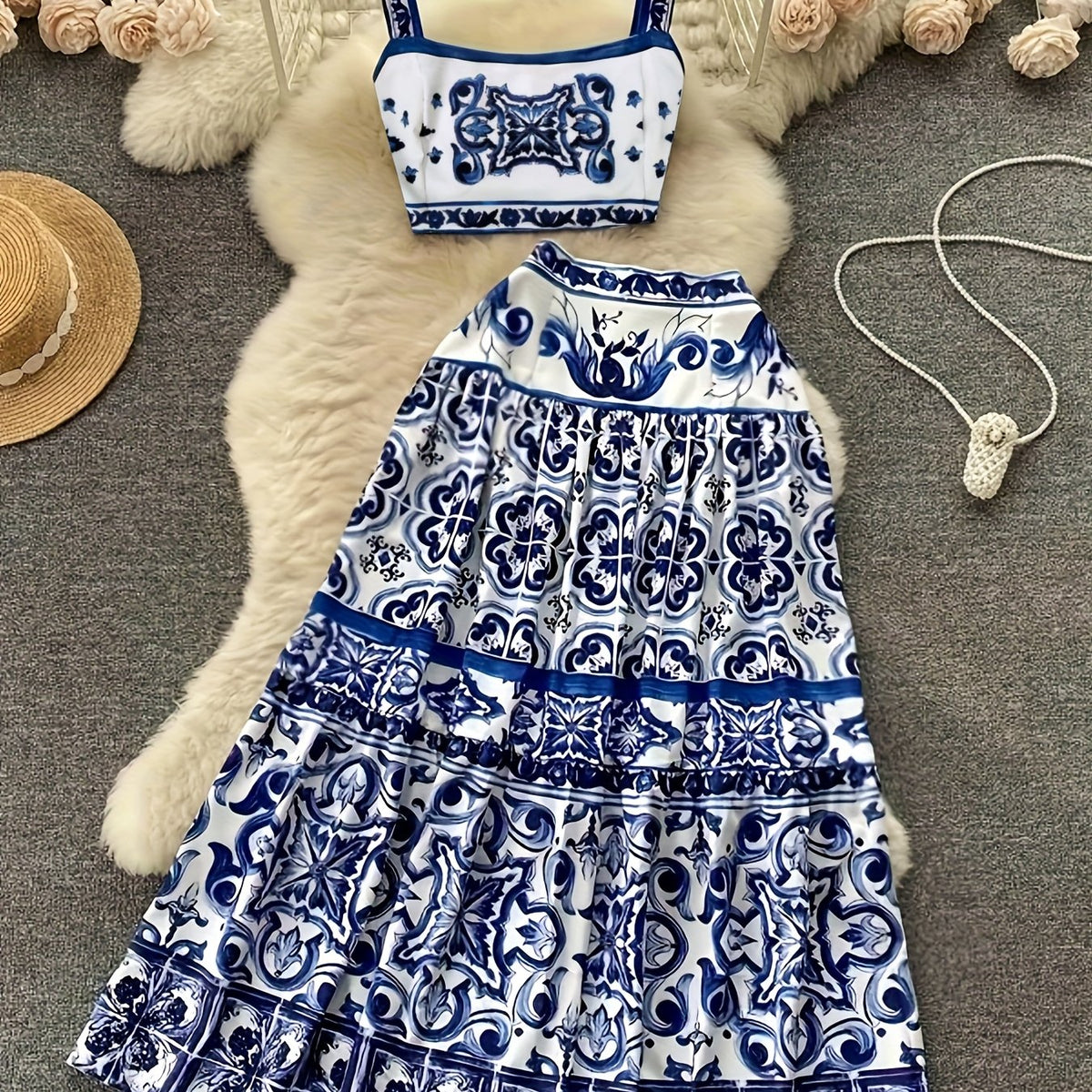 Elegant 2025 Spring-Summer Set – Blue & White Porcelain Floral Two-Piece, Perfect for Holiday Beachwear