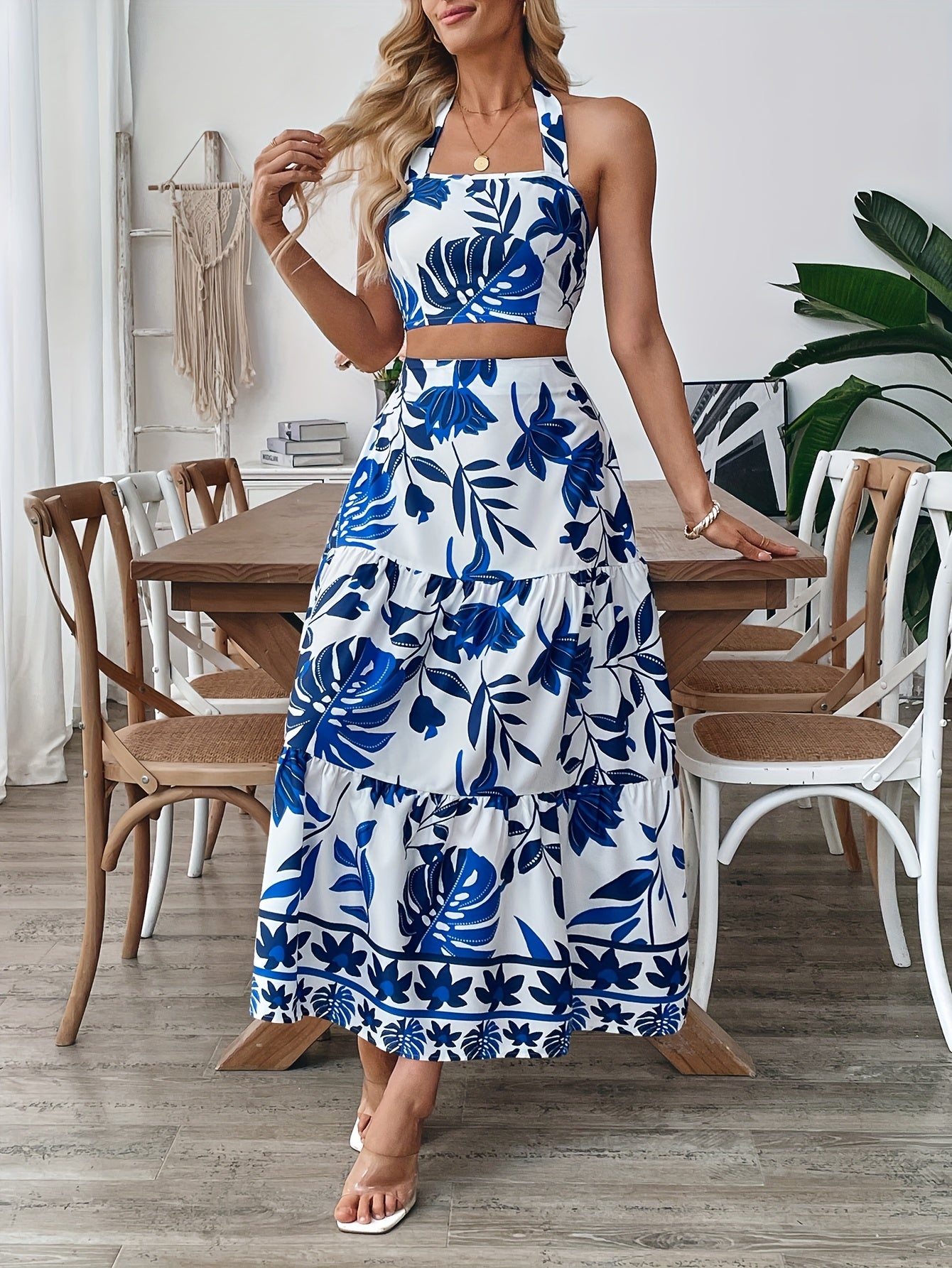 Summer Vacation Set – Printed Tie-Neck Halter Top & Flowing Half-Skirt Dress, Perfect for Breezy Getaways