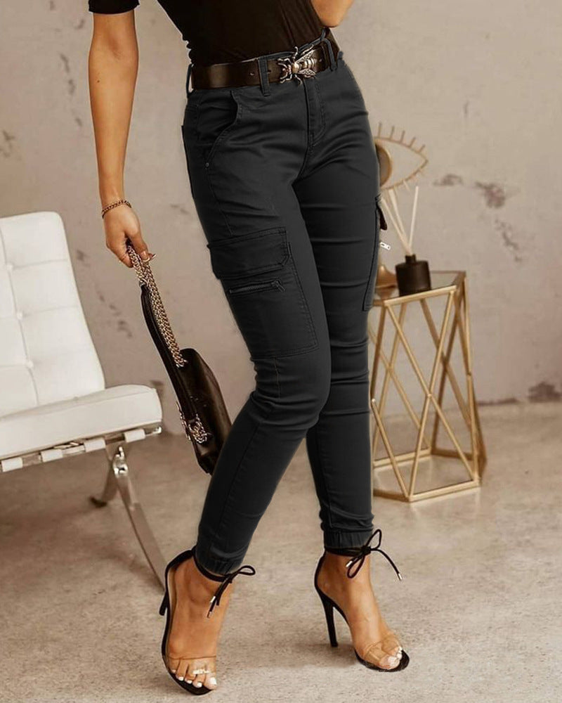 European And American Women's Trousers, Low-waisted Buttons, Solid Color Pockets