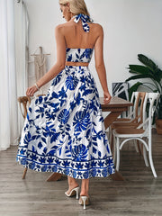Summer Vacation Set – Printed Tie-Neck Halter Top & Flowing Half-Skirt Dress, Perfect for Breezy Getaways