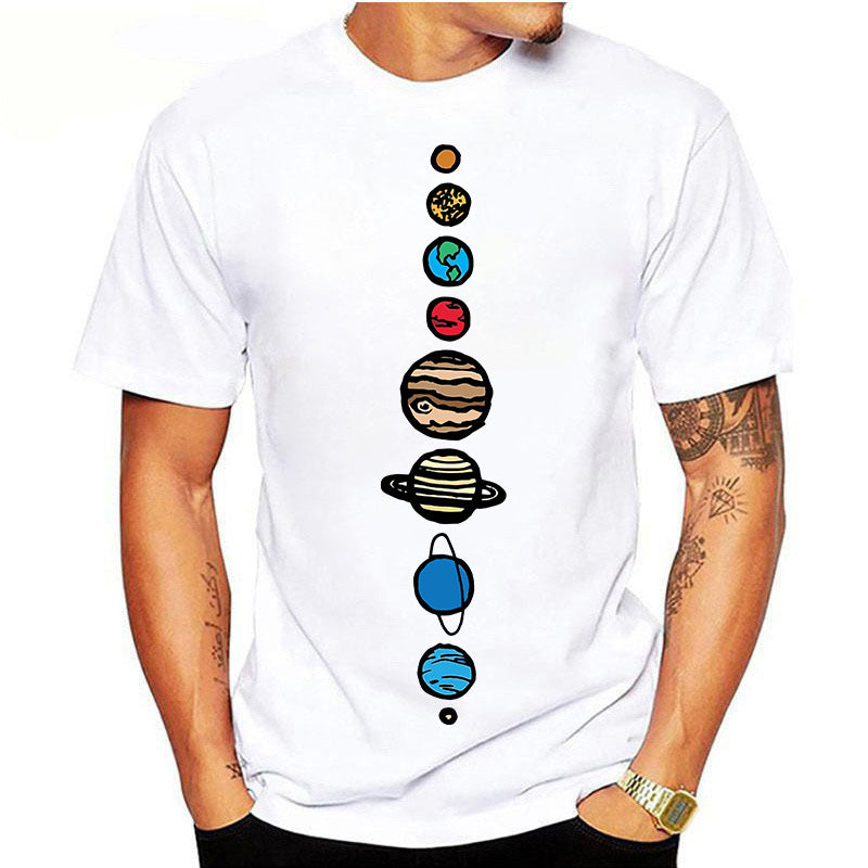 Camiseta de manga corta con cuello redondo y diseño de planetas del sistema solar para hombre de verano