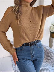 Autumn And Winter Leisure Off-the-shoulder Turtleneck Hollow-out Long Sleeve Knitted Pullover Sweater