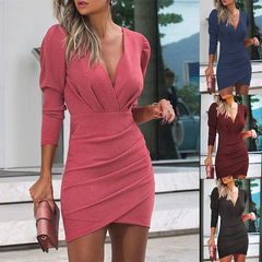 Vestido de mujer fino de manga larga con escote en V y color liso