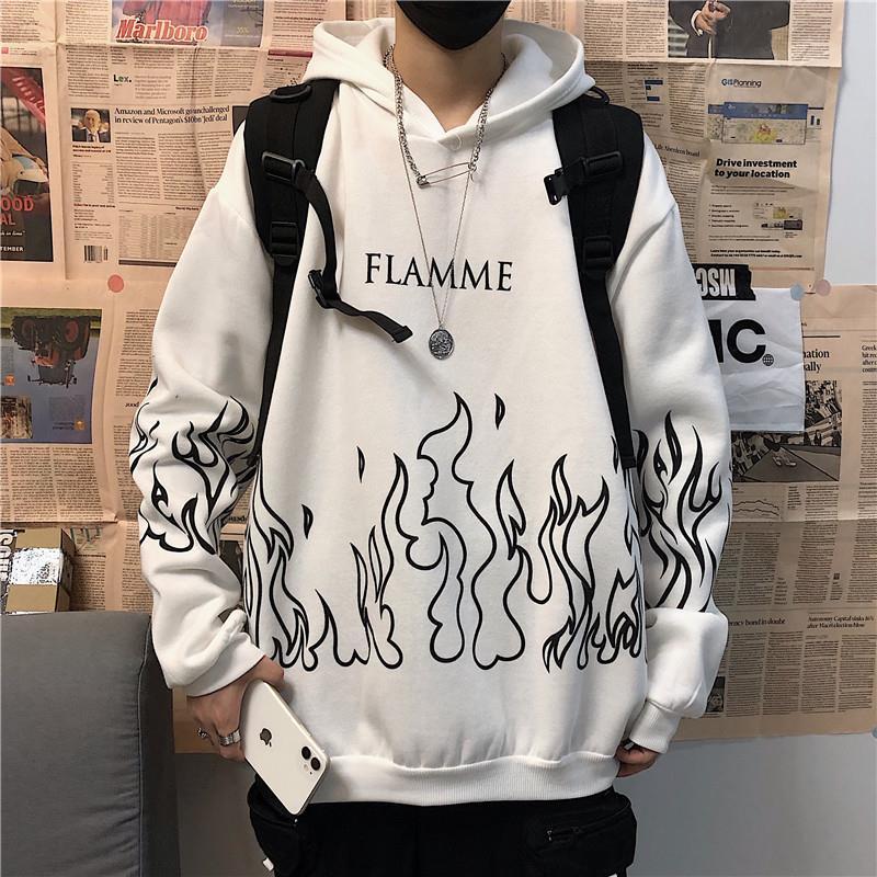 Sudadera holgada con capucha y estampado de llamas estilo hip hop callejero de terciopelo