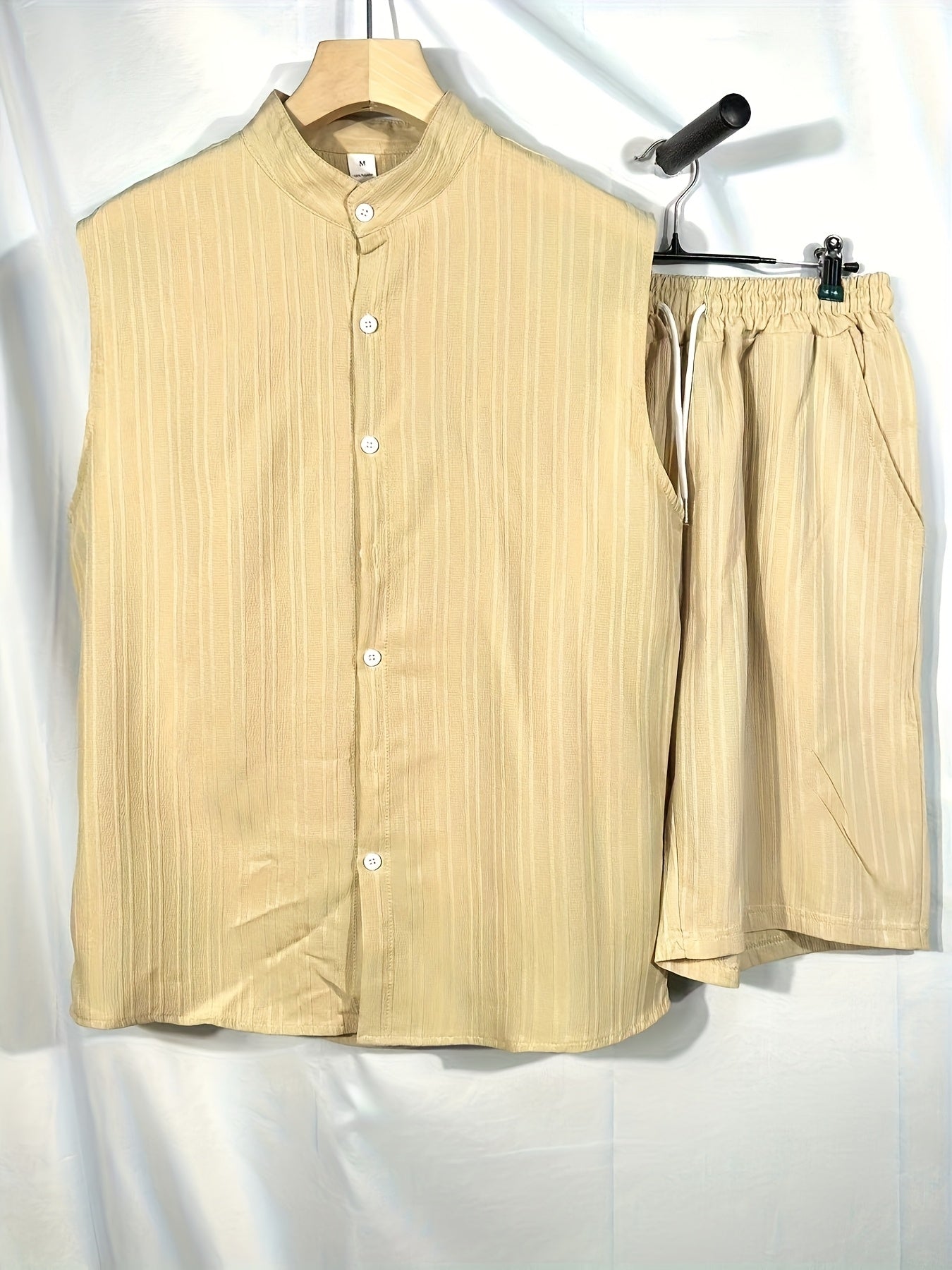 New Summer Men's Shirt Casual Henley Neck Sleeveless Top Shorts Beach Set