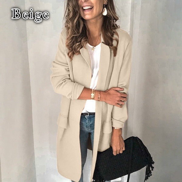 Blazer casual de bolso falso de manga comprida de cor sólida 