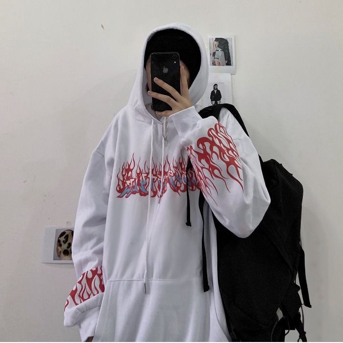 Sudadera holgada con capucha y estampado de llamas estilo hip hop callejero de terciopelo