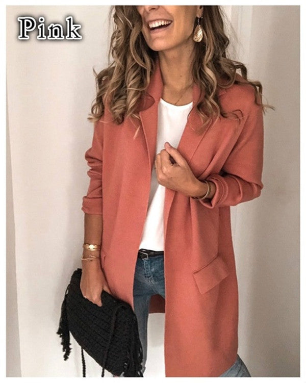 Blazer casual de bolso falso de manga comprida de cor sólida 