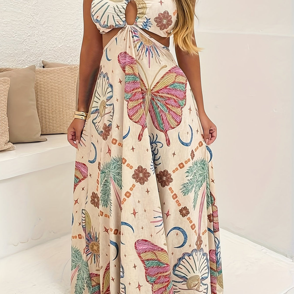 Elegant halter neck maxi dress with butterfly print – lightweight, stylish, perfect for beach parties