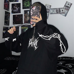 Sudadera holgada con capucha y estampado de llamas estilo hip hop callejero de terciopelo