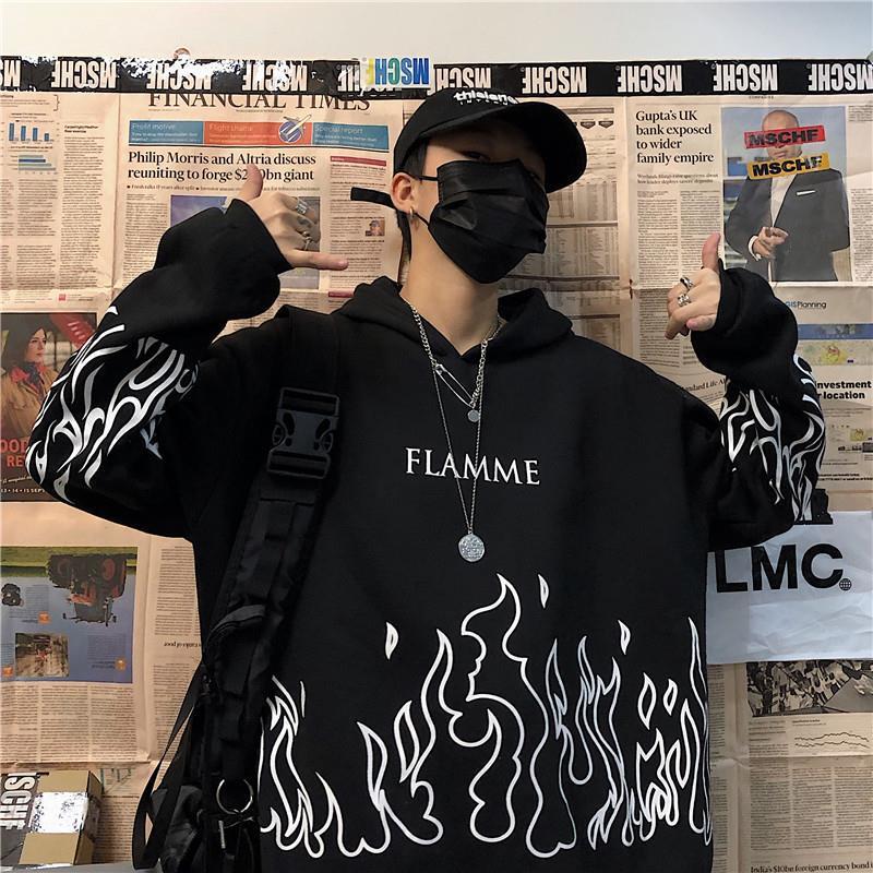 Sudadera holgada con capucha y estampado de llamas estilo hip hop callejero de terciopelo