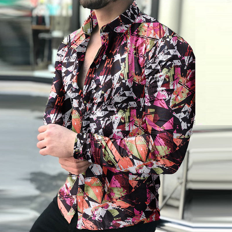 Camisa estampada casual masculina de manga comprida