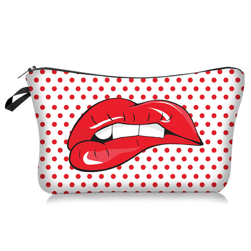 Sexy Lips Rose Flower Print Bolsa de cosméticos de moda europeia e americana na mão, armazenamento e lavagem para mulheres