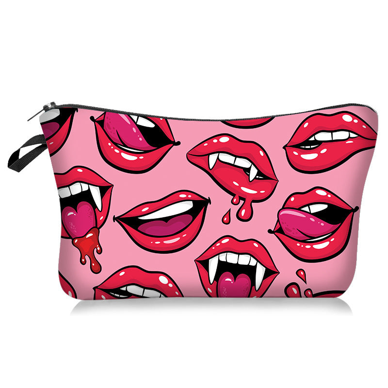 Sexy Lips Rose Flower Print Bolsa de cosméticos de moda europeia e americana na mão, armazenamento e lavagem para mulheres