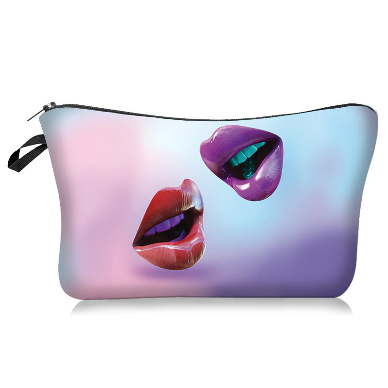 Sexy Lips Rose Flower Print Bolsa de cosméticos de moda europeia e americana na mão, armazenamento e lavagem para mulheres