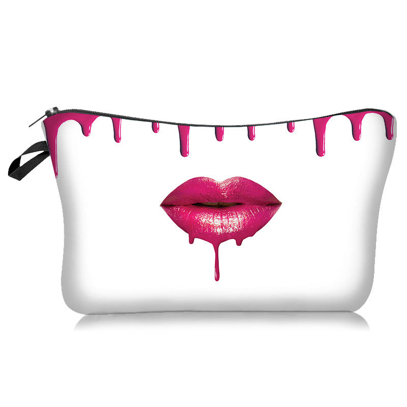 Sexy Lips Rose Flower Print Bolsa de cosméticos de moda europeia e americana na mão, armazenamento e lavagem para mulheres