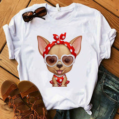 Camiseta de mujer con estampado de perro y letras, camiseta de manga corta, estilo Girlfriend Tide