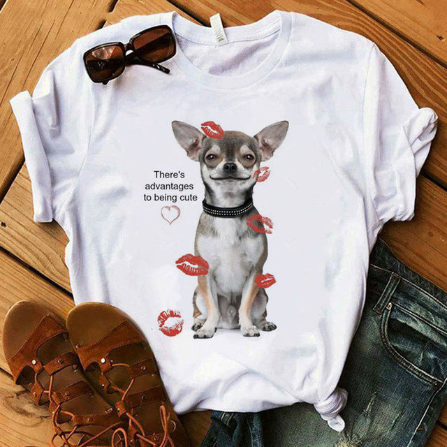 Camiseta de mujer con estampado de perro y letras, camiseta de manga corta, estilo Girlfriend Tide