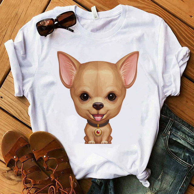 Camiseta de mujer con estampado de perro y letras, camiseta de manga corta, estilo Girlfriend Tide