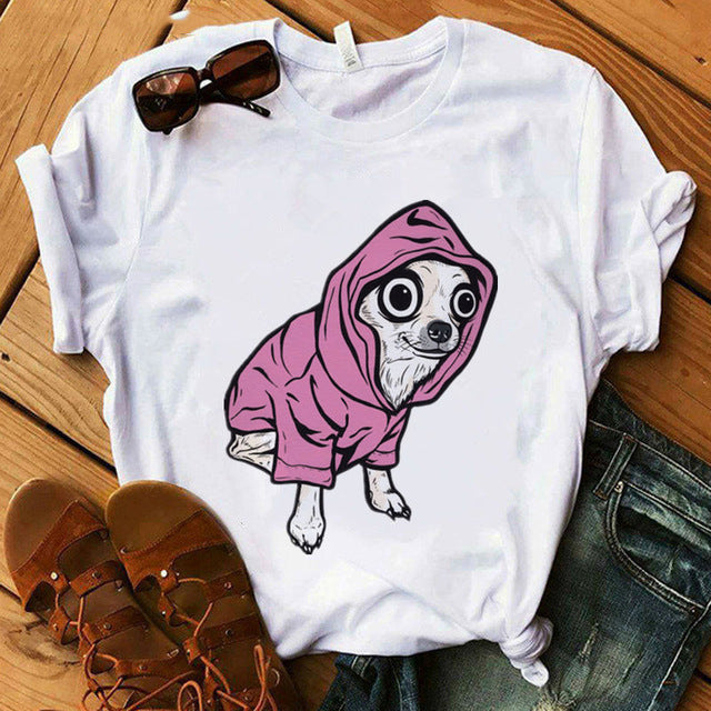 Camiseta de mujer con estampado de perro y letras, camiseta de manga corta, estilo Girlfriend Tide