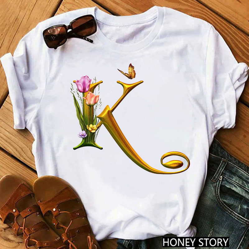 Nova camiseta com 26 flores de letras douradas