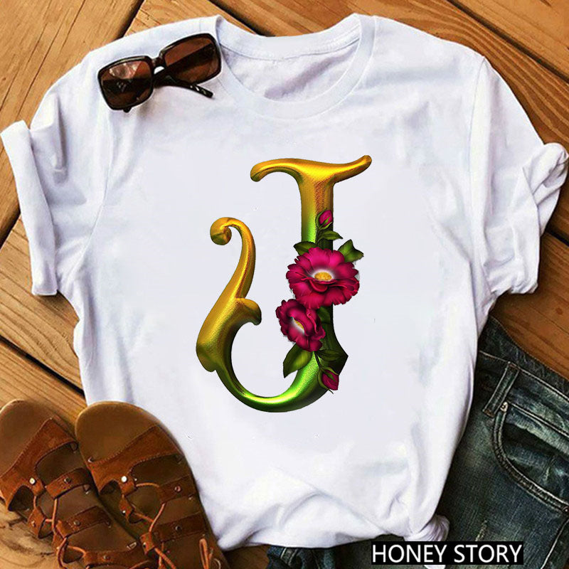 Nova camiseta com 26 flores de letras douradas