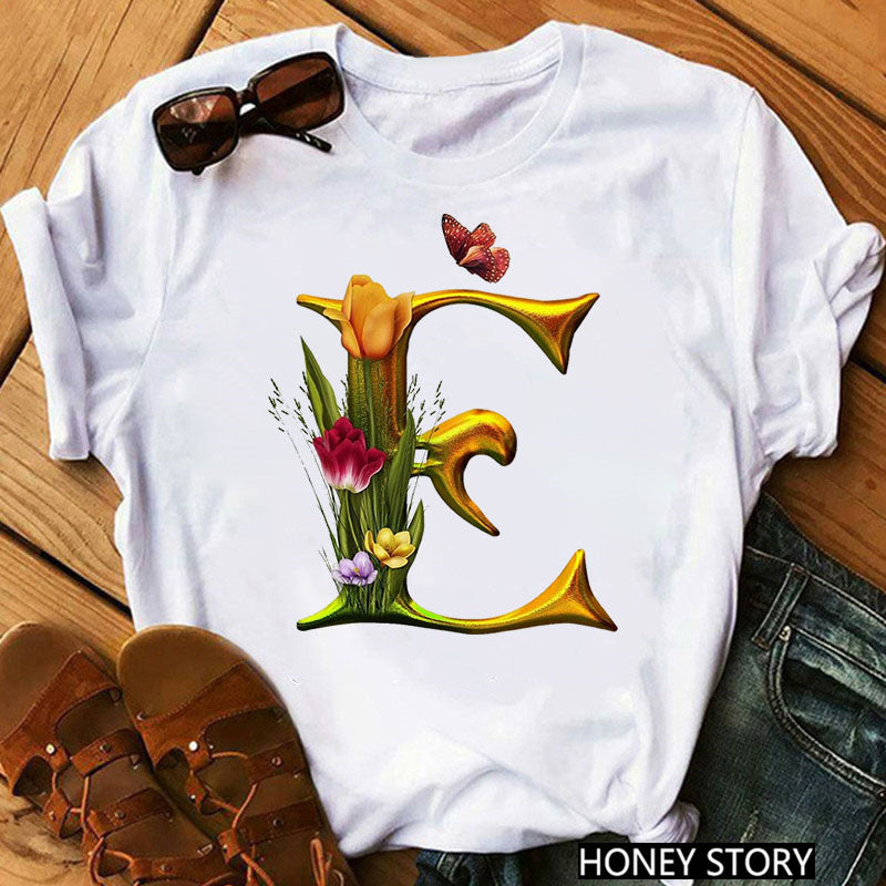 Nova camiseta com 26 flores de letras douradas