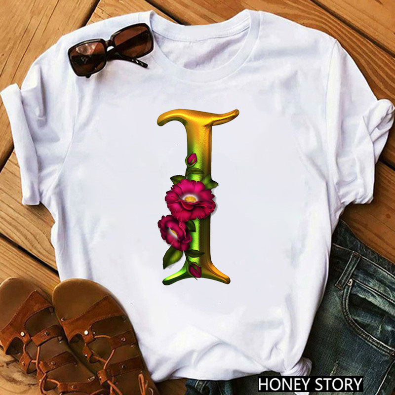 Nova camiseta com 26 flores de letras douradas