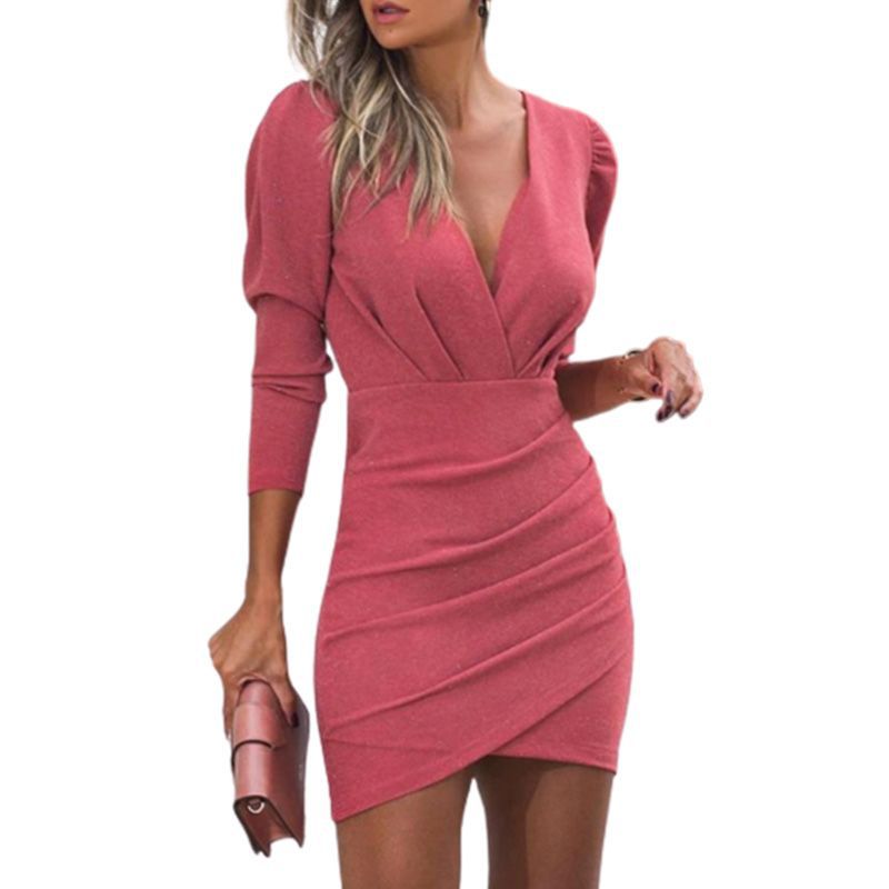 Vestido de mujer fino de manga larga con escote en V y color liso