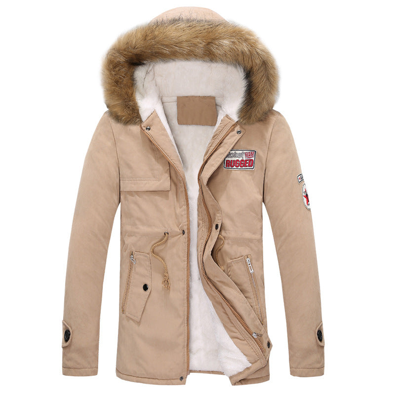 Casaco masculino acolchoado grosso e quente de inverno, gola de pele longa, parka verde militar, lã