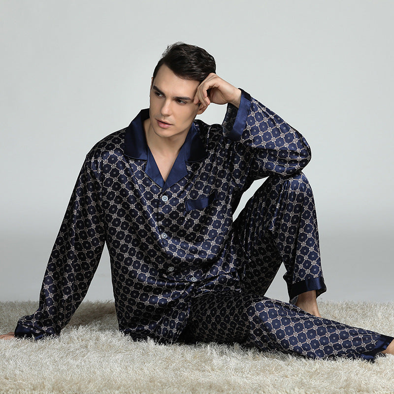 Pijama de seda estampado para hombre, traje de primavera y verano de manga larga