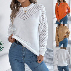 Casual Oco Gola Redonda Pulôver Suéter Moda Cor Sólida Manga Lanterna Top Roupas Femininas