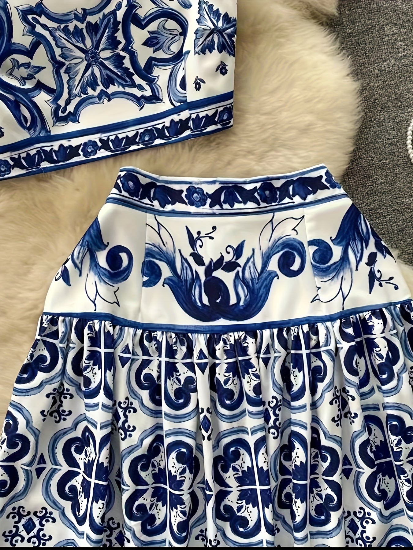 Elegant 2025 Spring-Summer Set – Blue & White Porcelain Floral Two-Piece, Perfect for Holiday Beachwear