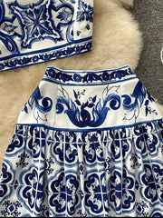 Elegant 2025 Spring-Summer Set – Blue & White Porcelain Floral Two-Piece, Perfect for Holiday Beachwear