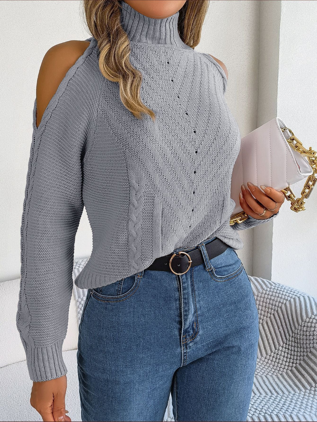 Autumn And Winter Leisure Off-the-shoulder Turtleneck Hollow-out Long Sleeve Knitted Pullover Sweater