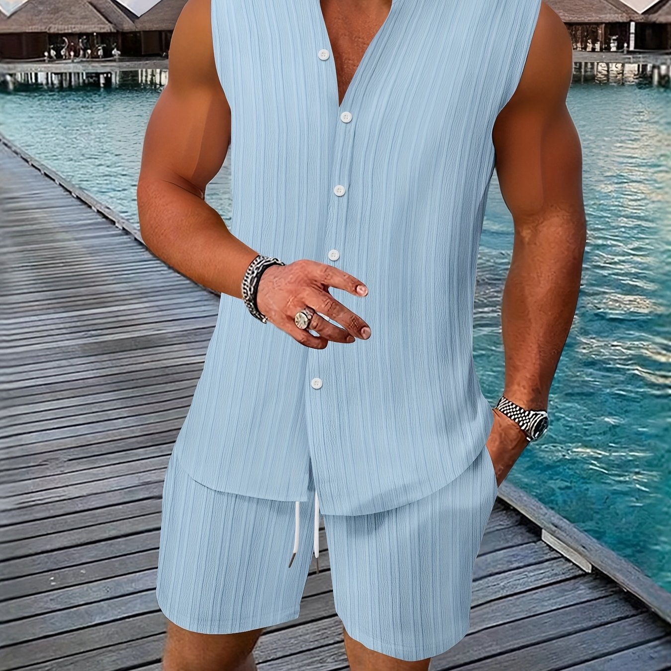New Summer Men's Shirt Casual Henley Neck Sleeveless Top Shorts Beach Set