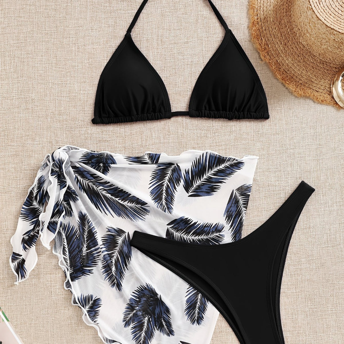 Sexy bikini set with stylish beach cover-up skirt – trendy 3-piece design, perfect for beach vacations and summer days.