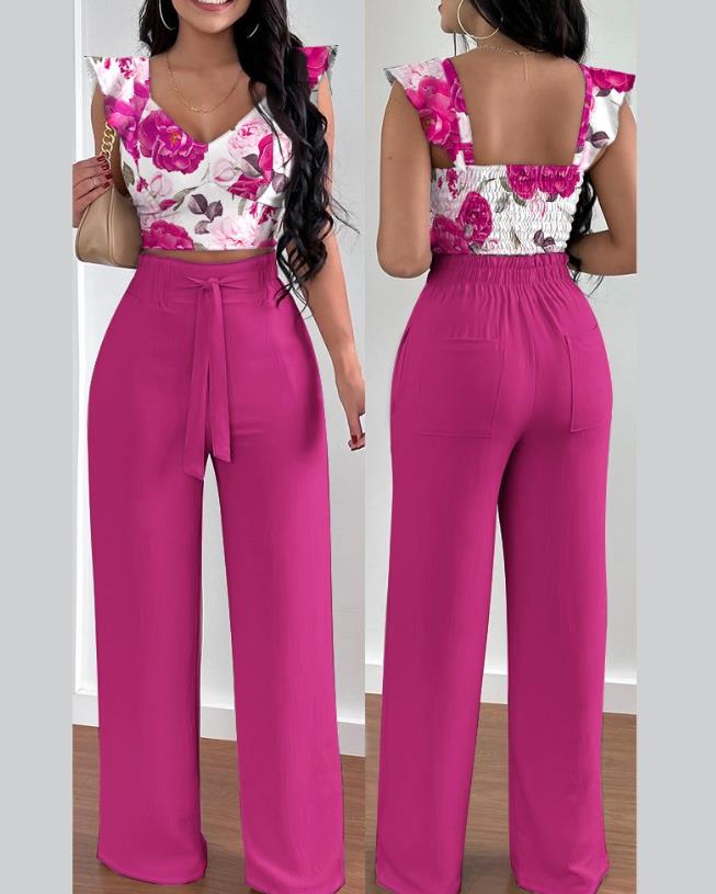 Tow Piceses Outfits for Women 2023 V-Neck Sleeveless Shirred Crop Top & Pocket Design Elegant Work Lady Wide Leg Pants Set