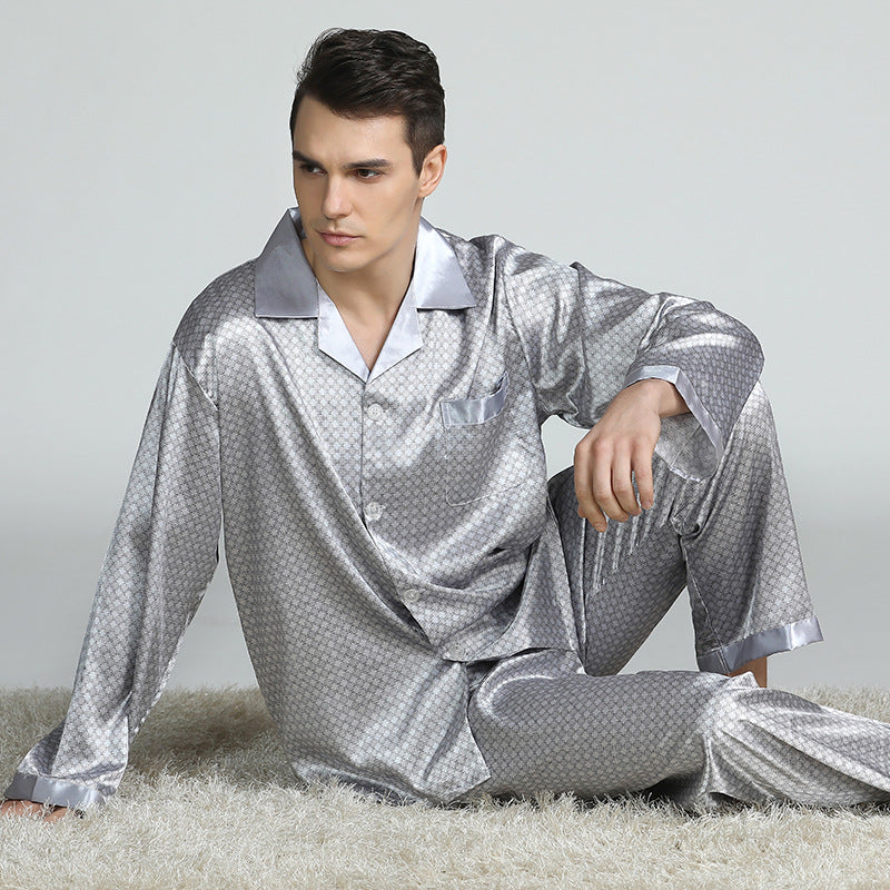 Pijama de seda estampado para hombre, traje de primavera y verano de manga larga