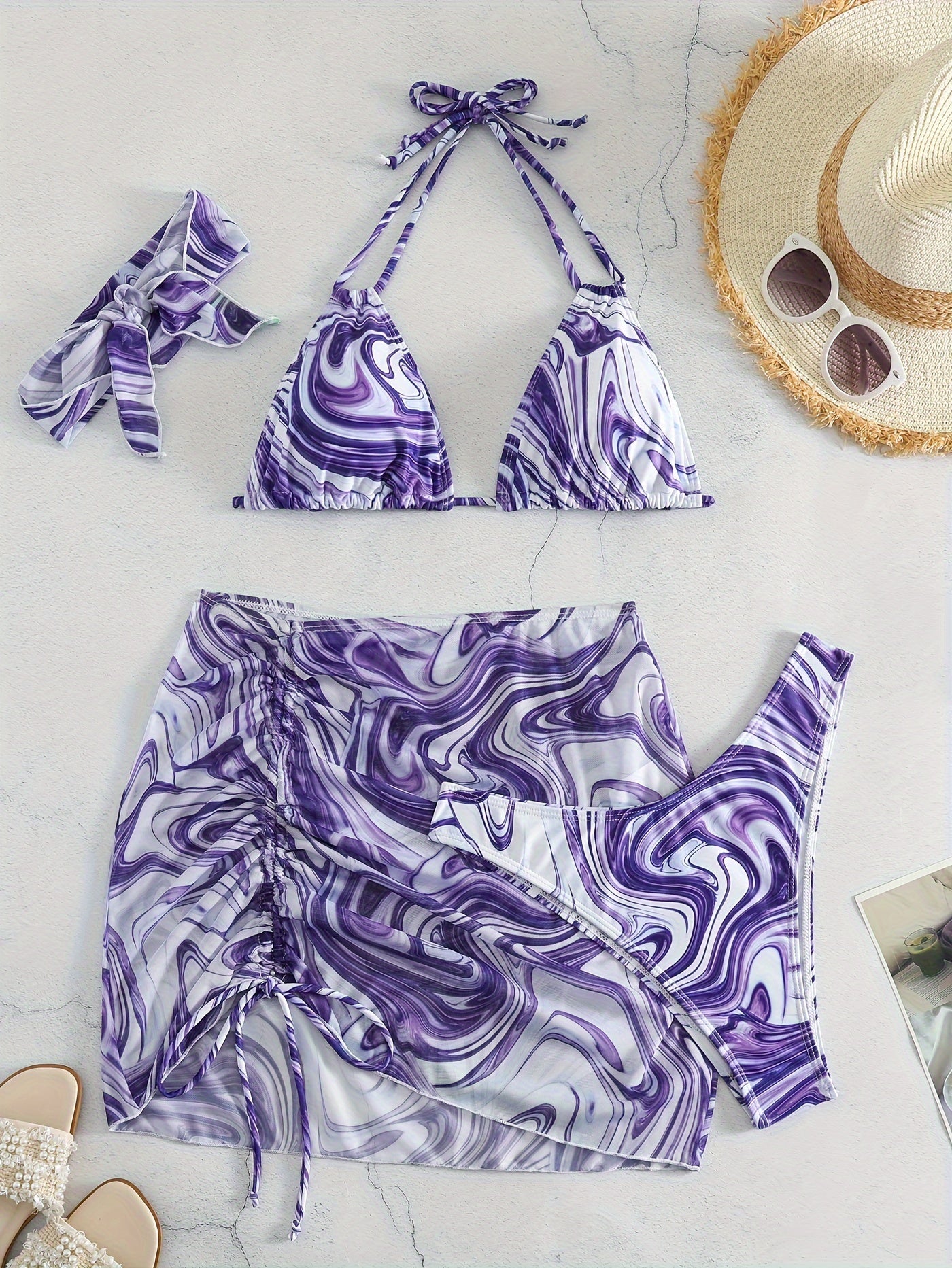 Printed 4-piece bikini set with headscarf, drawstring skirt, and top.
