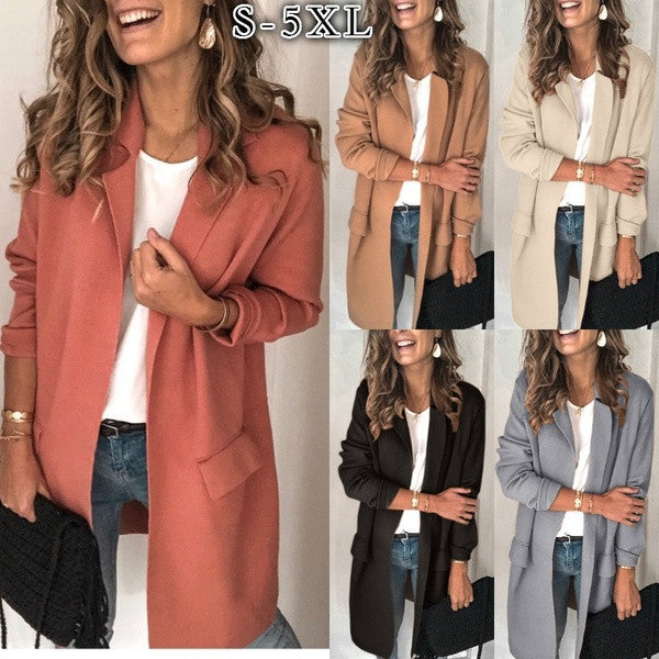 Blazer casual de bolso falso de manga comprida de cor sólida 