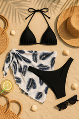 Sexy bikini set with stylish beach cover-up skirt – trendy 3-piece design, perfect for beach vacations and summer days.