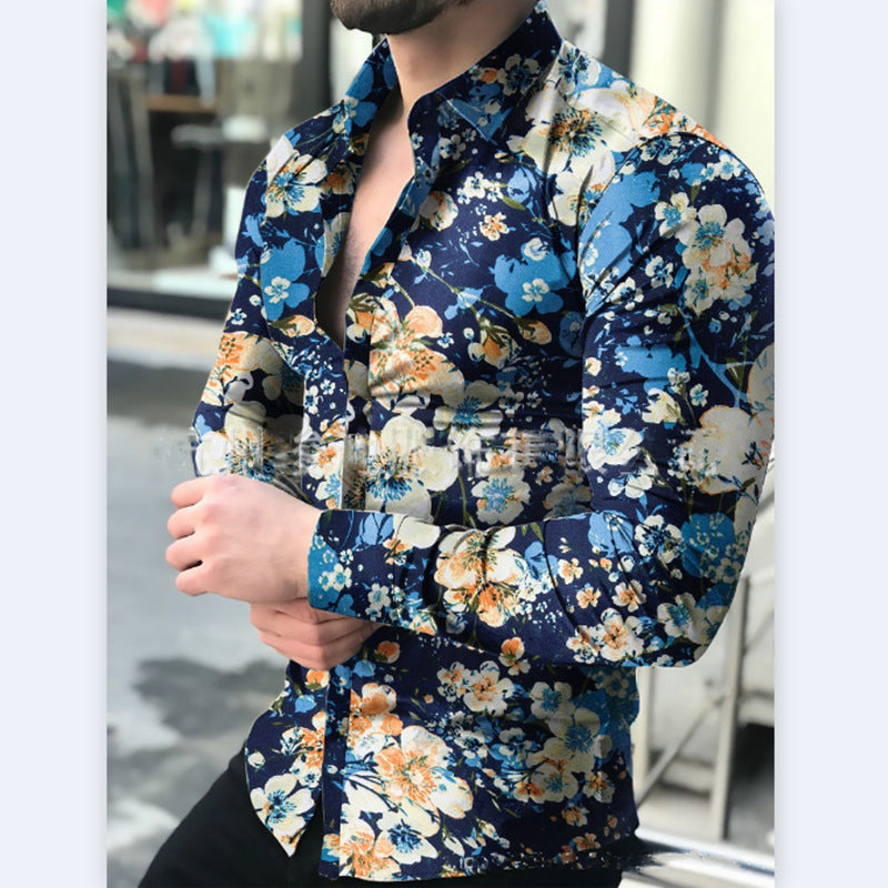 Camisa casual masculina de manga comprida floral primavera e outono