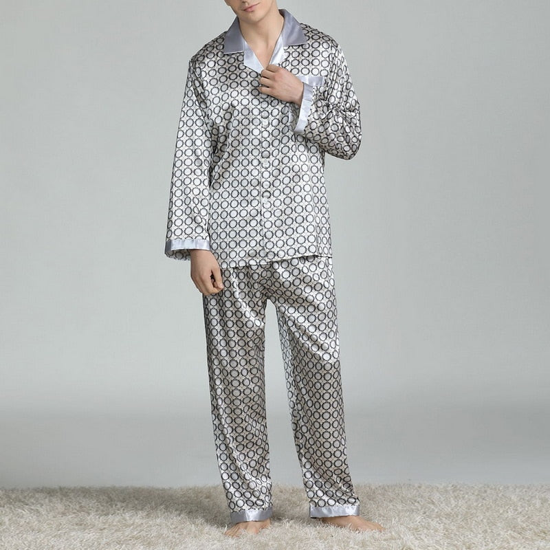 Pijama de seda estampado para hombre, traje de primavera y verano de manga larga