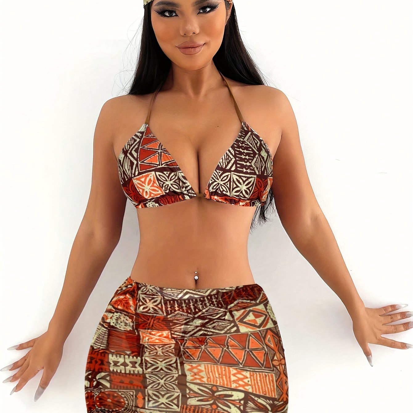 2025 women’s geometric bikini set with halter top, tie detail, and matching headscarf.