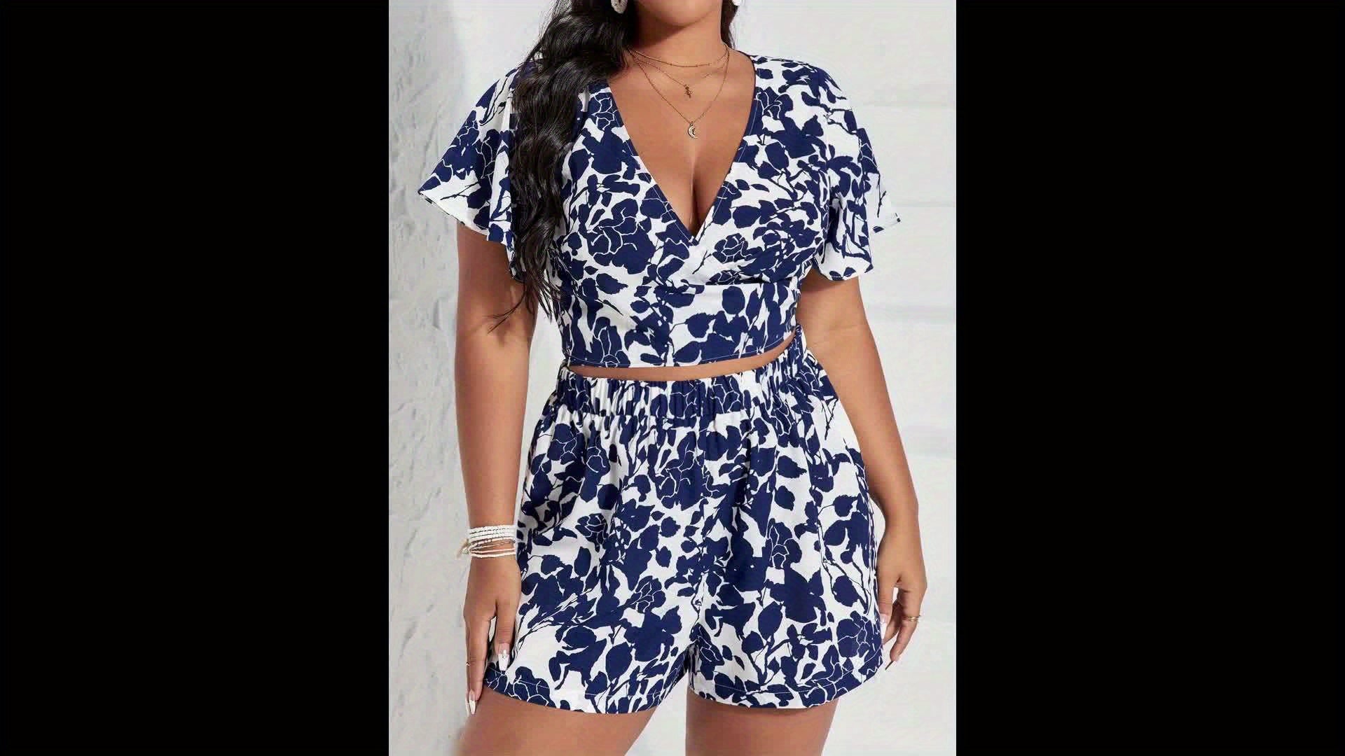 Boho Chic Set – Deep V-Neck Crop Top & Floral Shorts with Belted Waist, Perfect for Summer Getaways