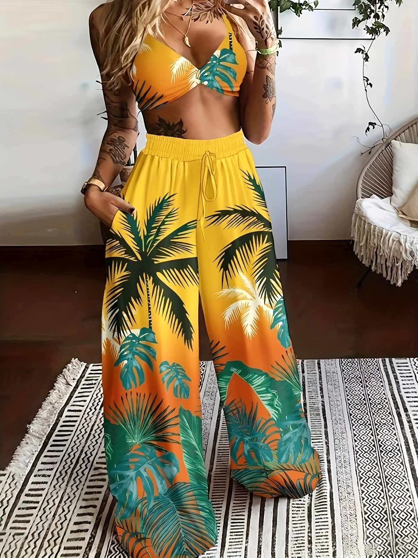 LN1433 New Summer Bohemian Print Strap Top Beach Vacation Style Women's Pants Set