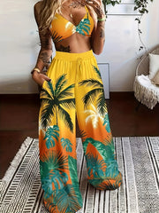 LN1433 New Summer Bohemian Print Strap Top Beach Vacation Style Women's Pants Set